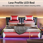 Modern Elegance Meets Functionality: Papajet Full Floating Bed Frame with Built-In LED Lights, Faux Leather Upholstery, And Wave-Shaped Curves, No Box Spring Required