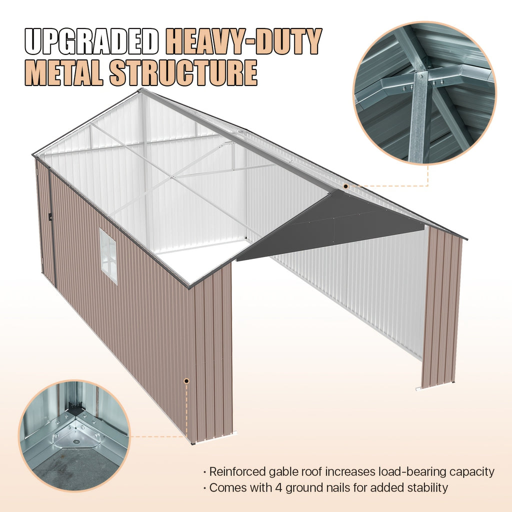12x20x9.3/12x14/6x4ft Metal Storage Shed - Outdoor Garden Shed Kit, Lockable Tool Shed, Backyard Shed with Double Hinged Doors, 4 Windows, Carport for Car, Truck, Bike and Lawn Mower & Equipment, Brown
