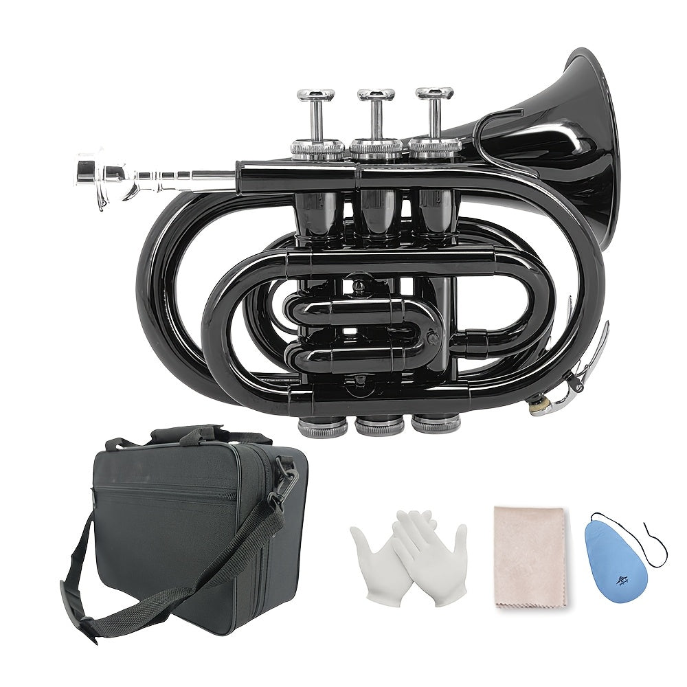 WUQIMUSC Bb Pocket Trumpet Nickel Plated, Brass Beginner Trumpet with 7C Mouthpiece, Case, Cleaning Kit & Gloves Musical Instruments Gift