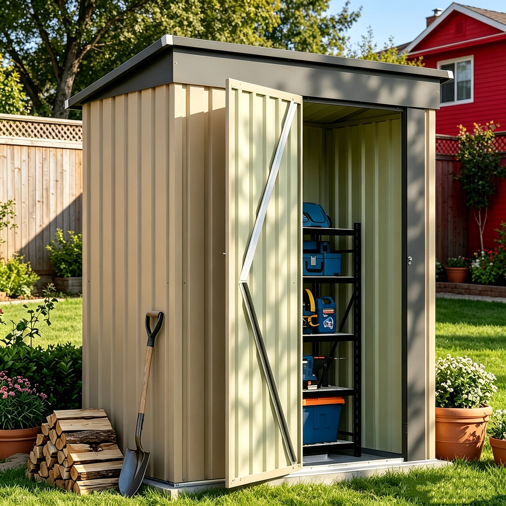 [Garden Storage Shed] GUNJI 5X3 FT And 6X4 FT And 8X6 FT Garden Storage Shed with Base Foundation, Heavy Duty Galvanized Steel Weatherproof Outdoor Tool Shed for Backyard Patio Lawn, Rust Resistant Lockable Door Tool House for Gardening Equipment Bike Sto