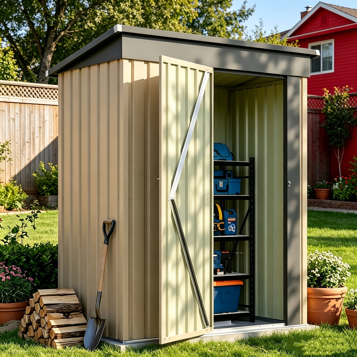 [Garden Storage Shed] GUNJI 5X3 FT And 6X4 FT And 8X6 FT Garden Storage Shed with Base Foundation, Heavy Duty Galvanized Steel Weatherproof Outdoor Tool Shed for Backyard Patio Lawn, Rust Resistant Lockable Door Tool House for Gardening Equipment Bike Sto