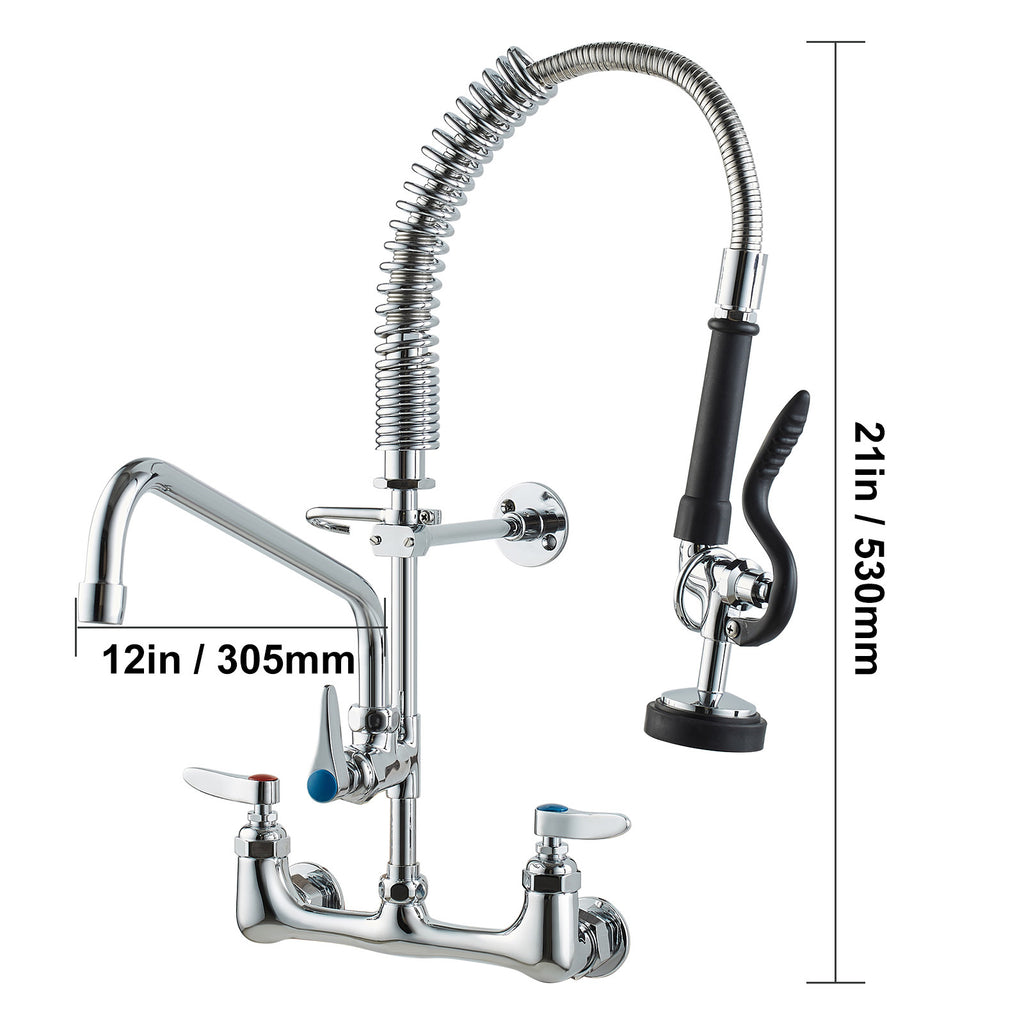 VEVOR Commercial Faucet with Pre-Rinse Sprayer, 21" Height, 8" Center, 12" Swing Spout, Wall Mount Kitchen Sink Faucet, Brass Constructed Device with Pull Down Spray, for 1/2/3 Compartment Sink
