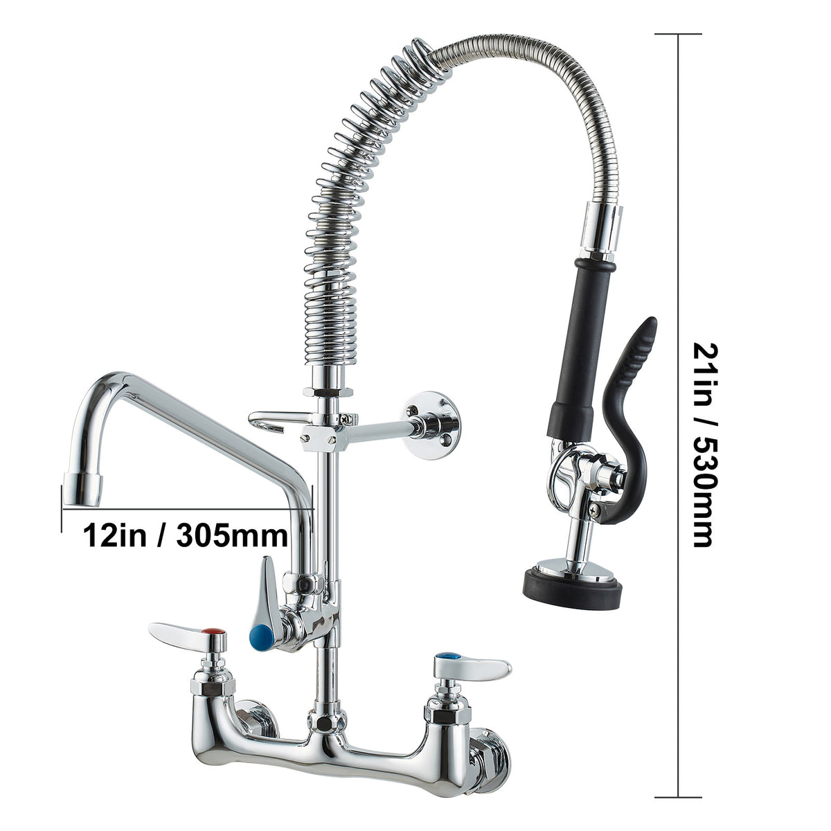 VEVOR Commercial Faucet with Pre-Rinse Sprayer, 21" Height, 8" Center, 12" Swing Spout, Wall Mount Kitchen Sink Faucet, Brass Constructed Device with Pull Down Spray, for 1/2/3 Compartment Sink