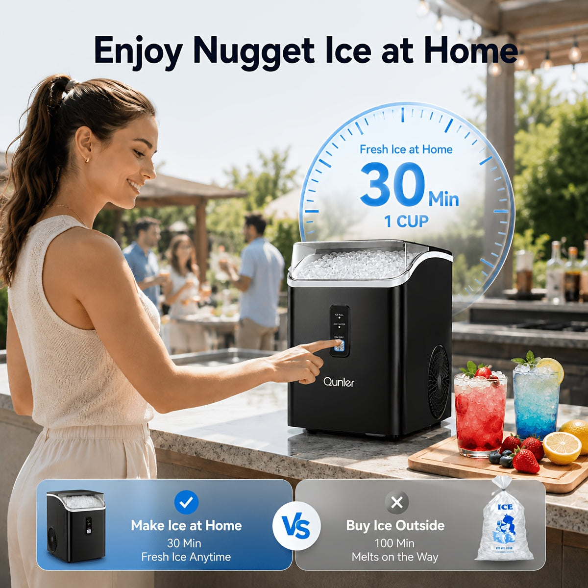 Countertop Nugget Ice Maker, Qunler 33 Lbs/Day Self-Cleaning Soft Chewable Pellet Ice Machine with Ice Scoop And Ice Basket for Iced Coffee, Soda, Tea, Cold Drinks, Kitchen, Office, RV, Camping, Black