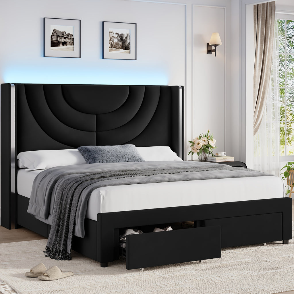 FULTRU Full/Queen/King Upholstered LED Bed Frame with 2 Storage Drawers, Velvet Platform Bed with Wingback Headboard, Solid Wooden Slats Support, No Box Spring Needed, Headboard Splicing Design, Halloween Home Decoration, Christmas Gifts