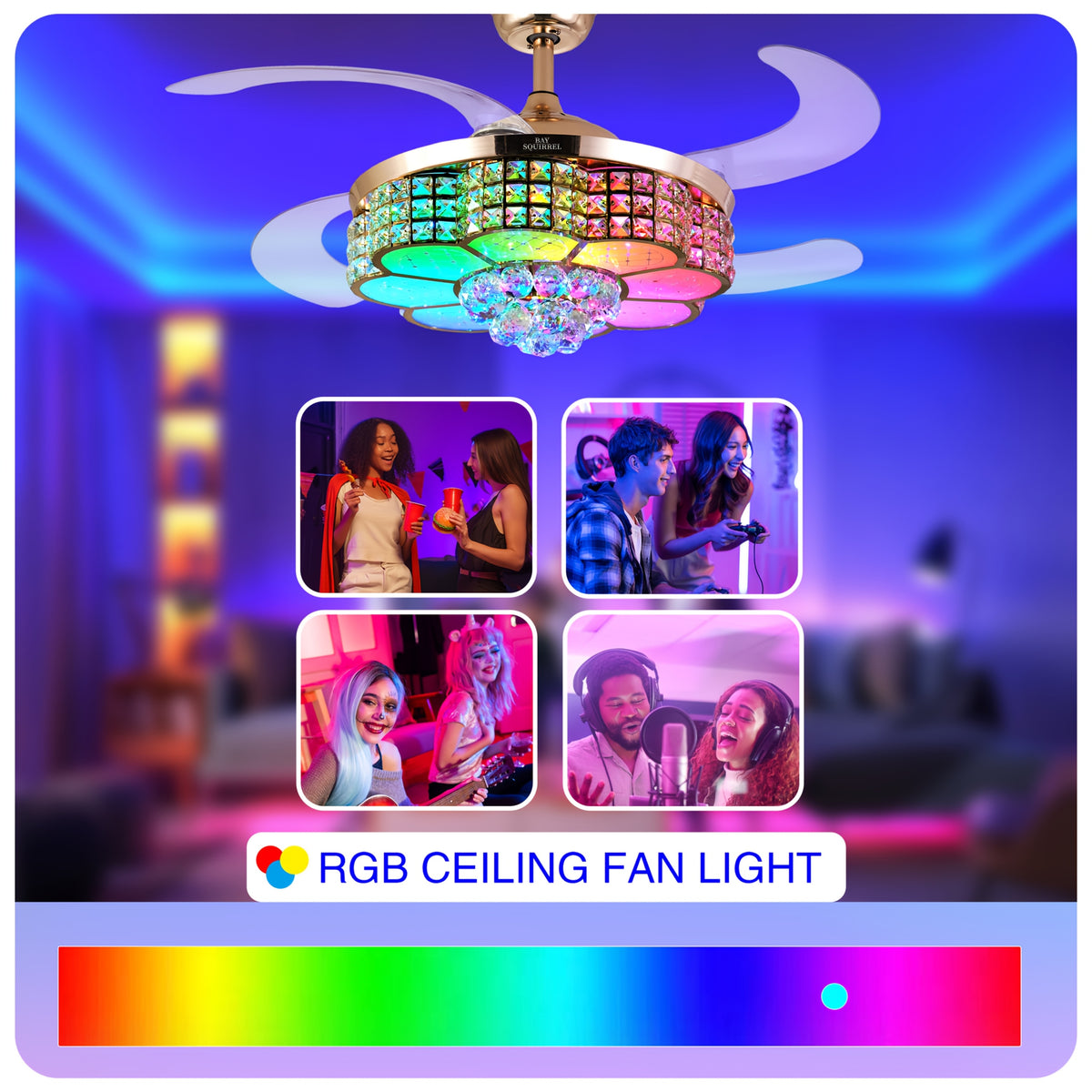 42-Inch Crystal Decoration with RGB Ceiling Fan And Light, Supports Infinite Dimming And Light Memory. with Speakers, 6 Speeds Reversible Blades, Flush Mount Chandelier Ceiling Fan Remote Control And APP Convenient Control Way