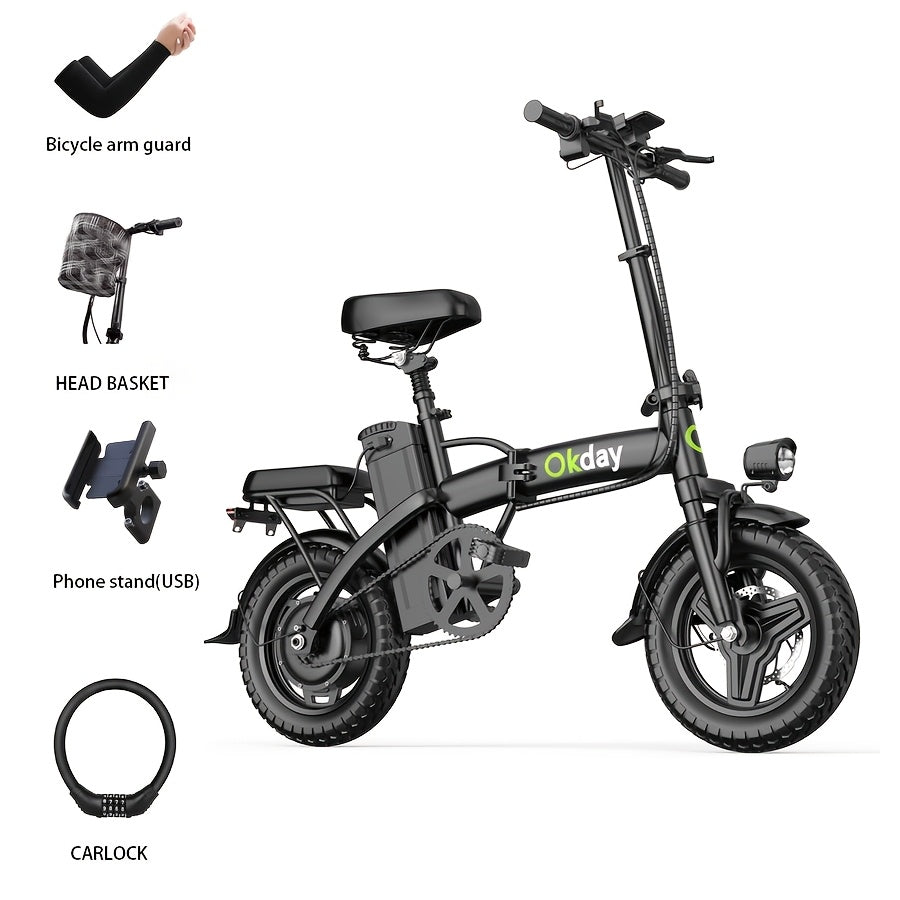 High-Power Electric Bicycle - Long Range, Foldable Portable Electric Scooter, Equipped with Dual Brakes, 14-Inch All-Terrain Tire Wheels, Dual Power Batteries/Electric Mode, Multi-Functional Bicycle, Iron-Carbon Alloy Frame