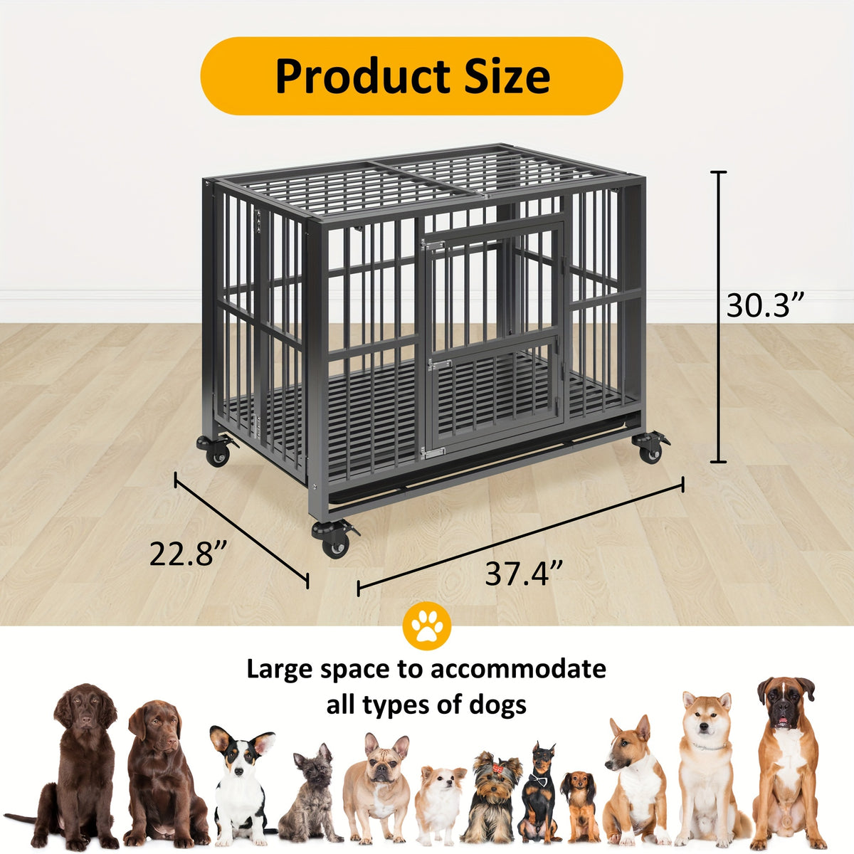 43/38 Inch Heavy Duty Dog Crate, Folding Dog Kennel No Assembly, Escape Proof Large Dog Cage Kennel With Lockable Wheels, High Anxiety Pet Playpen With Double Door Indoor/outdoor.