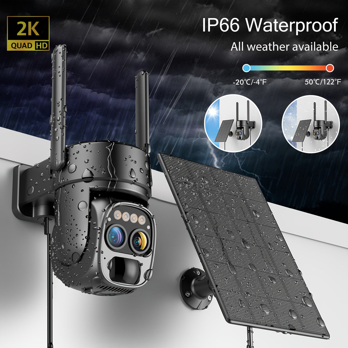 6pcs [10X Zoom] 360-Degree Low-Power Solar Panel Battery 2K FHD Wifi with Spotlight Alarm, Motion Detection, Color Night Vision, Two-Way Audio And
