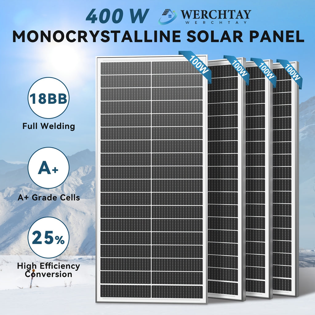 Werchtay 400W Solar Panels, 4×100W 25.5% High-Efficiency Monocrystalline Solar Panel, Waterproof PV Module for RV, Marine, Rooftop, Farm Battery, and Other Off-Grid Applications (4*100W) - Summer Early Bird Special