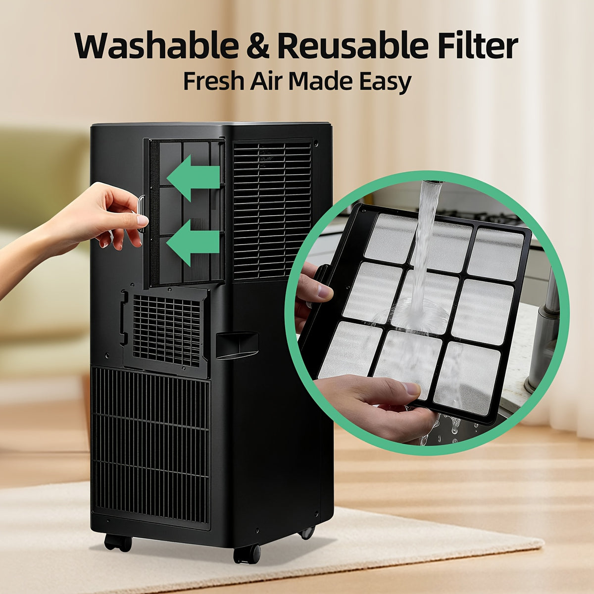 Portable Air Conditioner 4-In-1 Mobile AC Unit with Dehumidifier, Cooling Fan, Sleep, Remote, 24H Timer, Window Installation Kit, Black/White/Black & White