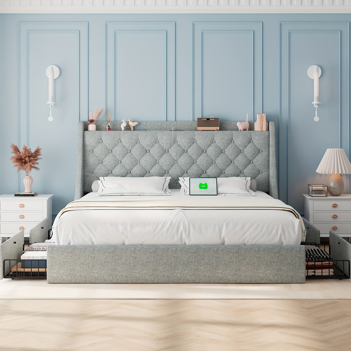 Bed Frame with Charging Station, Linen Fabric Storage Headboard, Storage Drawers on Both Sides, Solid Wood Slats Support
