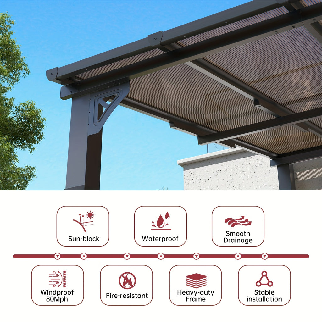 Wall-Mounted Hardtop Gazebo with Polycarbonate Roof — Lean-To Aluminum Patio Cover in Five Size Options