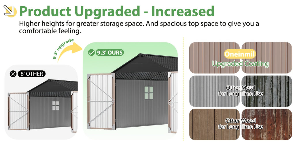 ULSMVOC 12X20X9.3/10X12/6X4 FT Metal Storage Shed - Outdoor Garden Shed Kit, Lockable Tool Shed, Backyard Shed with Double Hinged Doors, 4 Windows, Carport for Car, Truck, Bike And Lawn Mower & Equipment, Brown