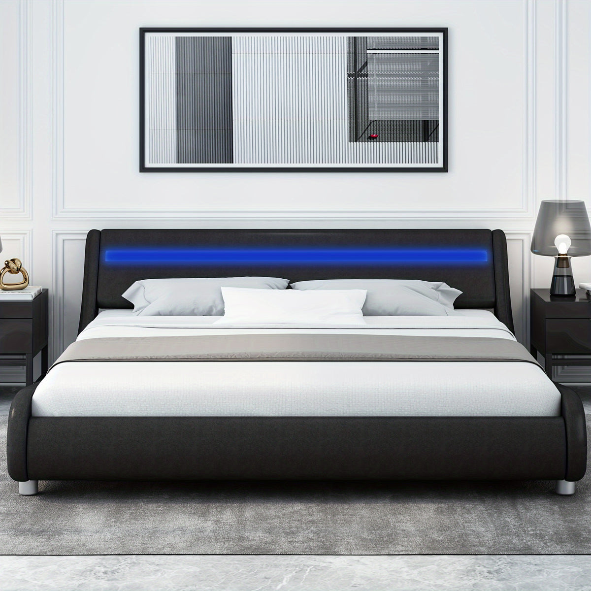 Modern Upholstered LED Bed Frame with Adjustable Headboard & Faux Leather Wave Bed - Metal Platform Bed Frame, No Box Spring Needed, Easy Assembly, Contemporary Bed for Small Spaces Suitable for Modern Bedrooms