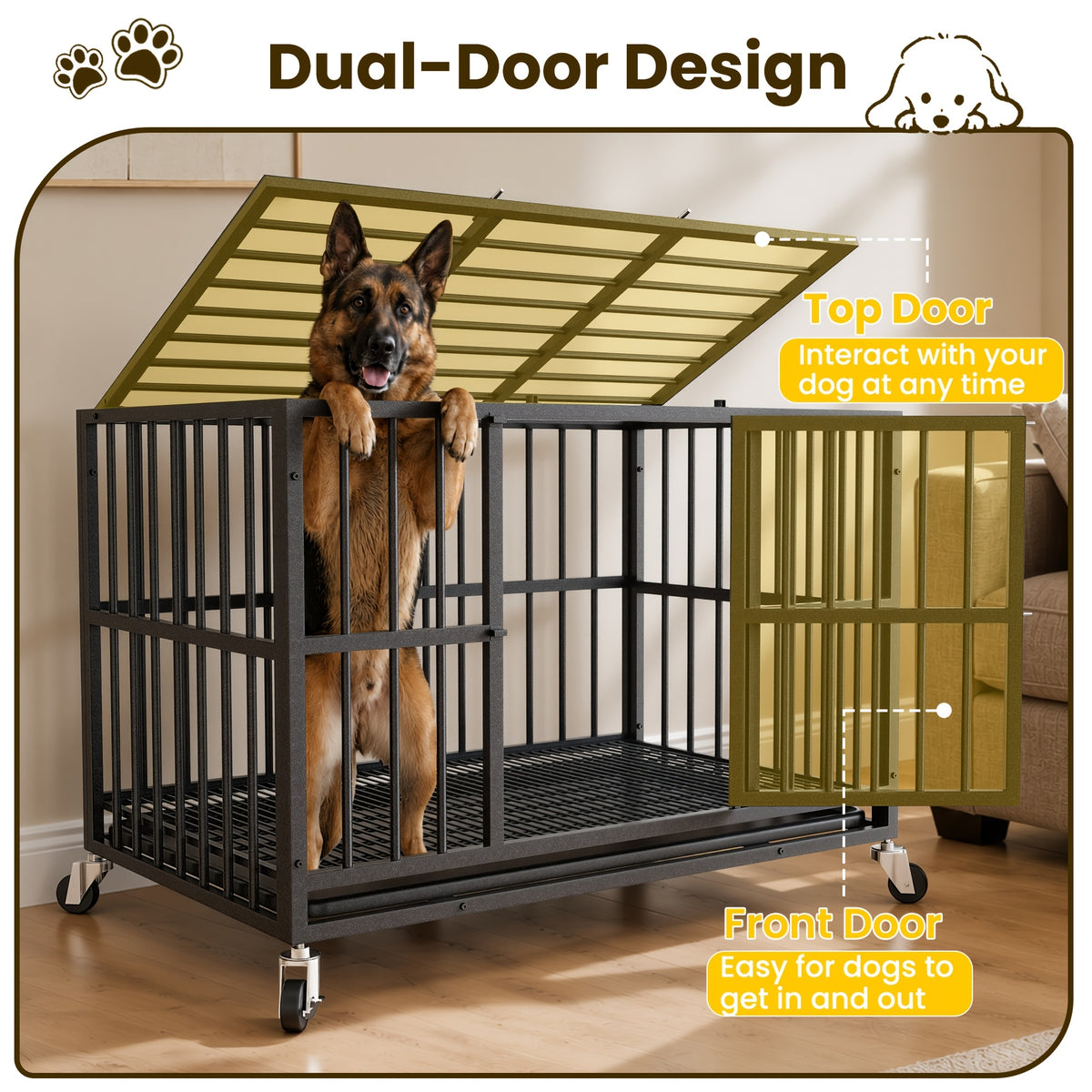 [Indoor Dog Crate] Heavy Duty Simple Version Round Pipe Iron Dog Crate, Indoor Double Door Dog Crate With Wheels With Removable Tray