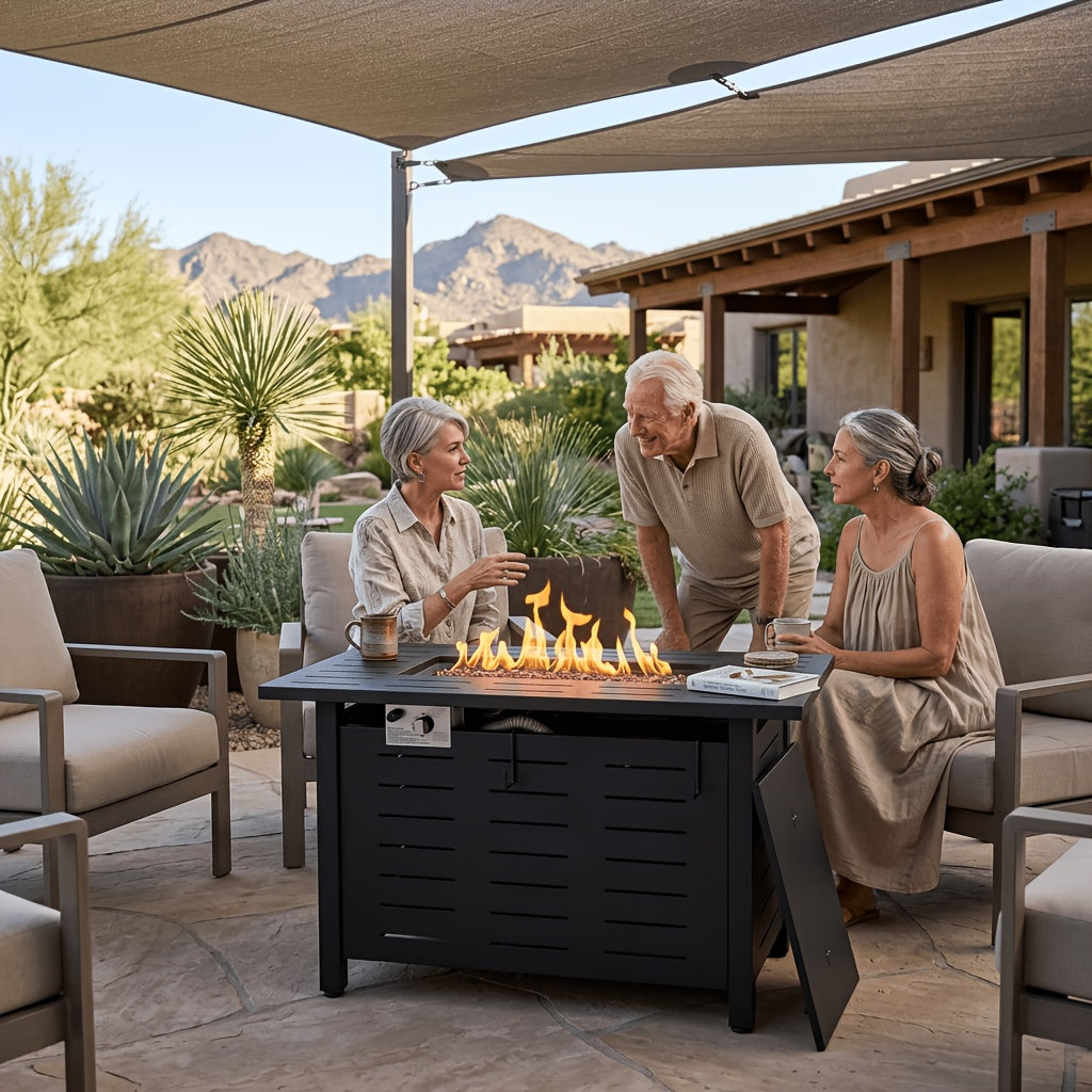 40"/44" Outdoor Propane Fire Pit Table - 50,000 BTU Gas Firepit with Ignition System, Powder-Coated Steel (Black/Brown) W/ Lid, Rocks & Waterproof Cover - Self- for Patio, Backyard, Deck - Propane Heater, BBQ Firewood-Free