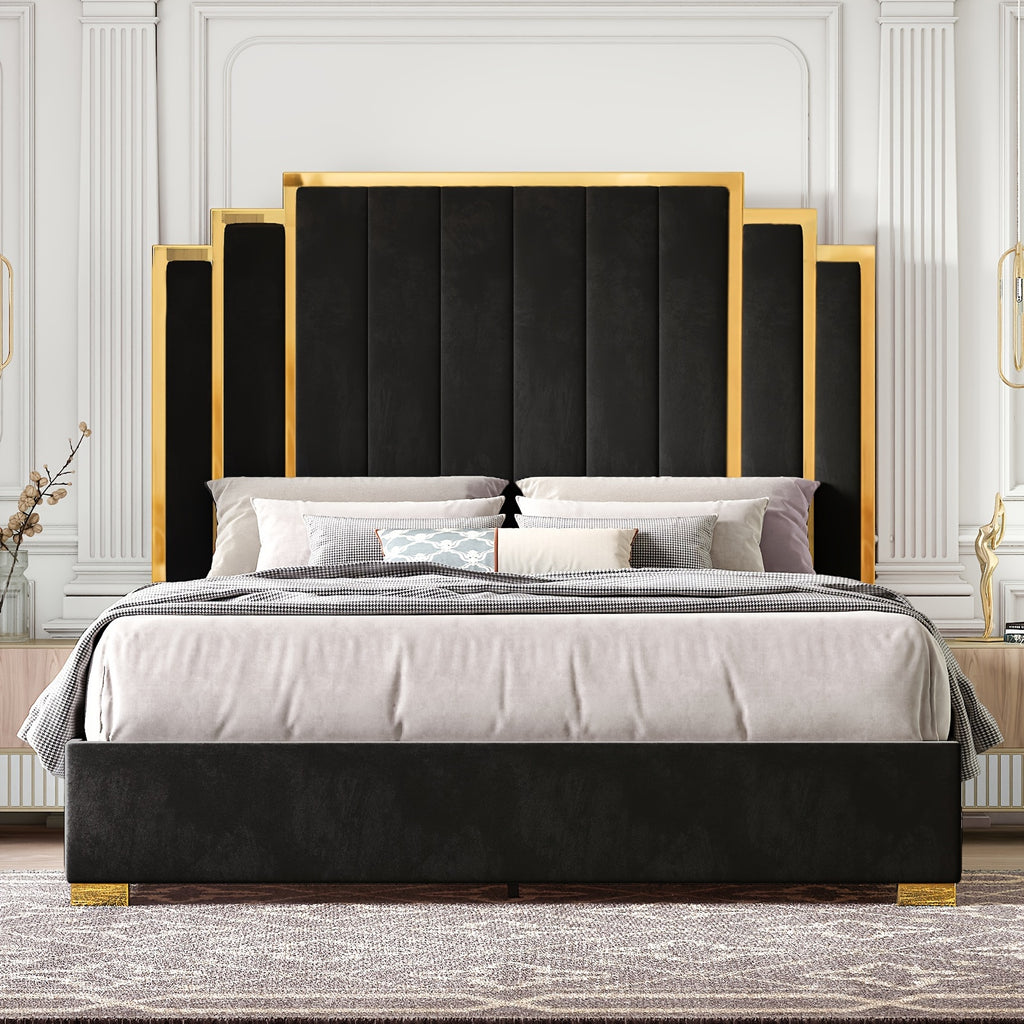Velvet Upholstered Platform Bed Frame, Available in 61.4" Or 65" Sizes, Featuring a Gold-Trimmed Headboard And Wooden Slats, No Box Spring Required.