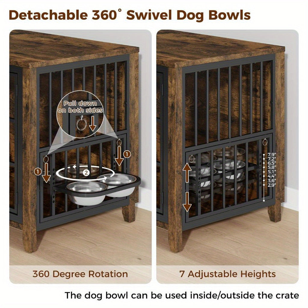 75/36/30in Furniture-Style Dog Crate with 360° Rotating Bowls, Adjustable Height, Safe Lock, Easy to Clean, Available In Gray/Brown, M, L, XL Sizes for One Or Two Dogs, Ideal for Home, Living Room Or Bedroom