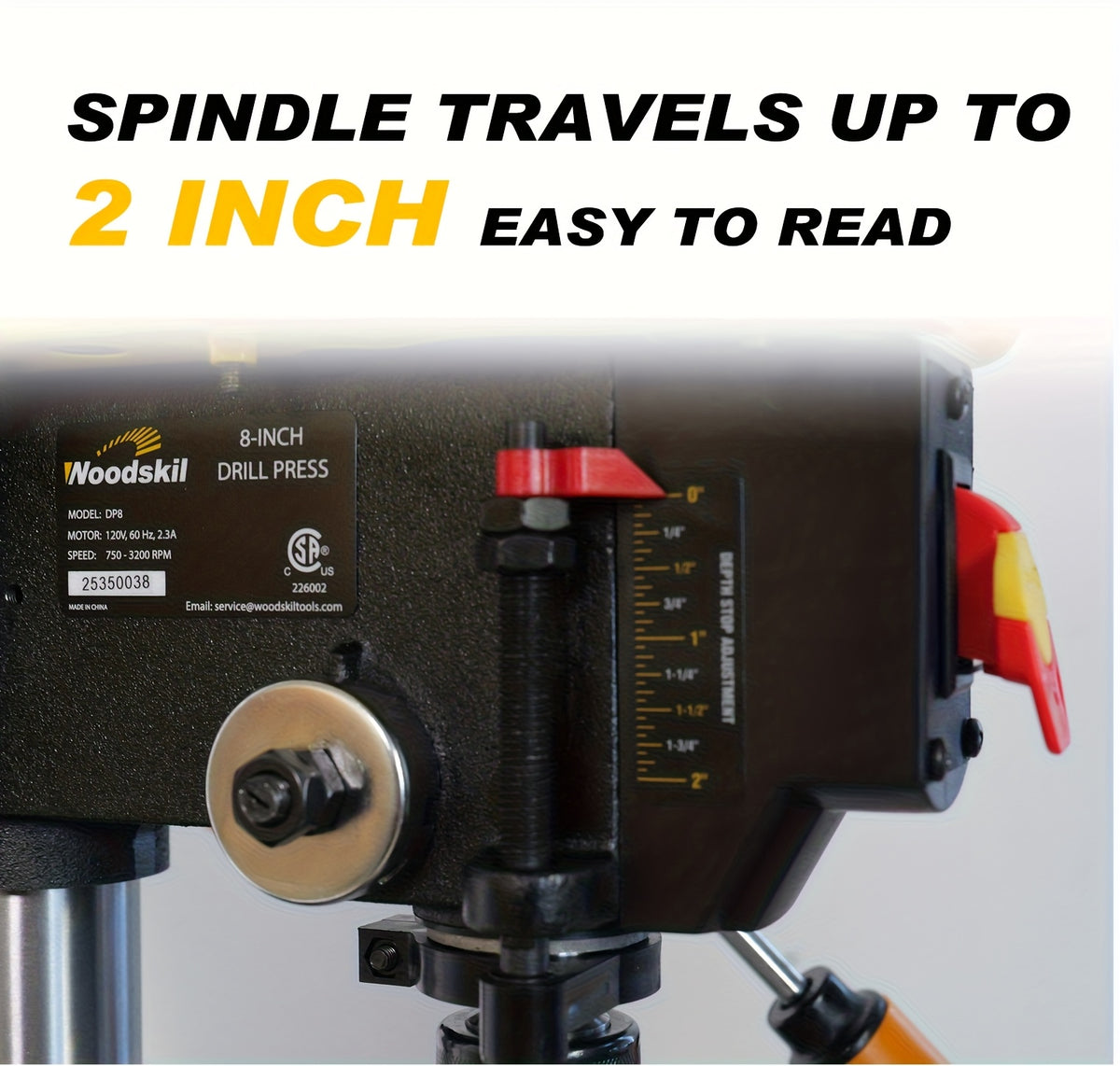 8 Inch Drill Press, 2.3 Amp 5-Speed Bench Drill Press With Steel Worktable | Corded, 120V, Plug Powered, Metal Construction, Includes Attachment - WOODSKIL
