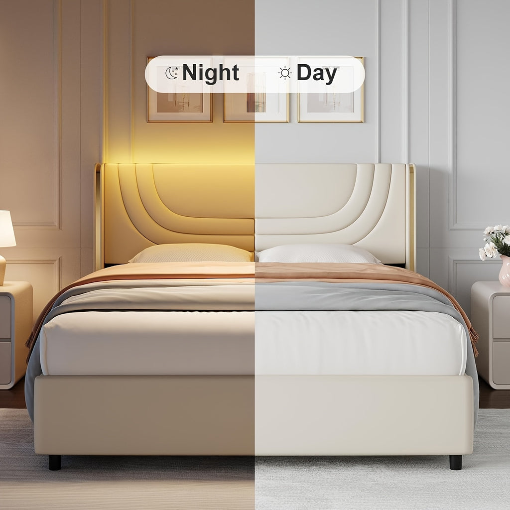 Twin Full Queen Size Bed Frame with LED Lights, Bed with Headboard And Wingback, Headboard Splicing Design, No Box Spring Needed, Easy Assembly, Pink/Beige/Black