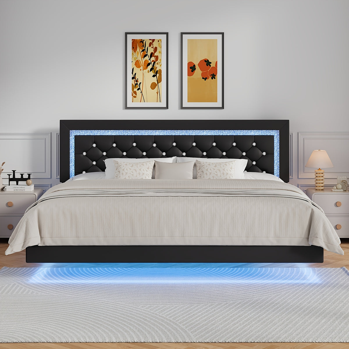 Twin Full Queen King Size Floating Black/White/Pink Bed Frame with LED Lights, Platform Bed with Diamond Tufted Headboard, Wood Bed Frame, Bed Frame Queen Size No Box Spring Needed, Noise Free, Easy Assembly, Black/White/Pink