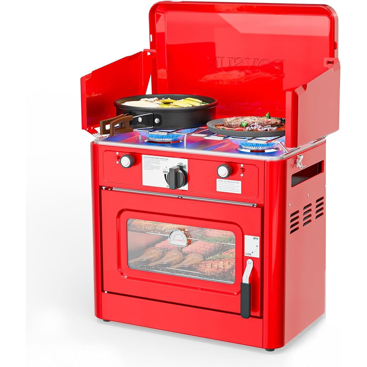 MEFEIR 2-in-1 Camping Stove with Propane Oven, Portable 2 Burner Stove & Outdoor Oven Combo with Auto-ignition & Thermometer for Camping Backyard Picnic