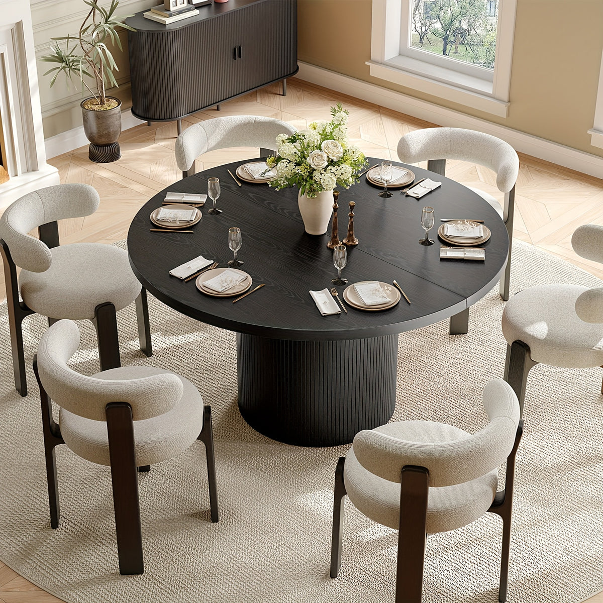 PAZCASA 47 Inch Round Dining Table for 4, Circle Kitchen Table with Wood Strip Base, Modern Farmhouse Dinner Tables for Kitchen, Living Room, Walnut