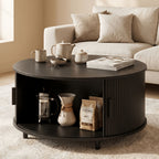 Round Coffee Table, 32-Inch Modern Wooden Center Table with Sliding-Door Storage for Living Rooms and Apartments