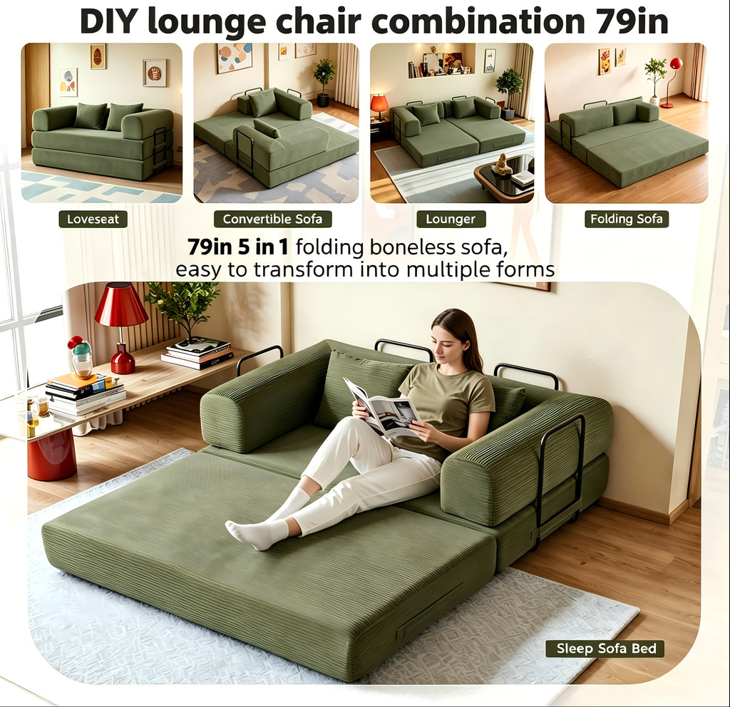 Futon Sets Convertible Floor Sofa Bed With Fixed-Shape Frame, King Size Floor Sleeper 5-in-1 Combination Modular Sofa, Modular Folding Mattress Couch For Living Room Bedroom Playroom