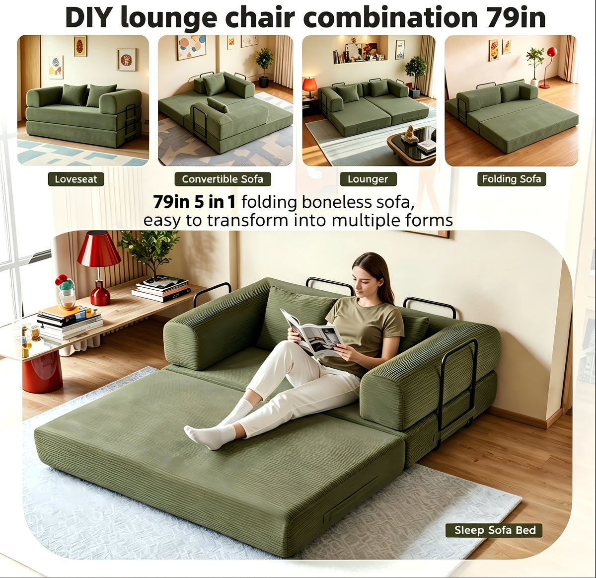 Futon Sets Convertible Floor Sofa Bed With Fixed-Shape Frame, King Size Floor Sleeper 5-in-1 Combination Modular Sofa, Modular Folding Mattress Couch For Living Room Bedroom Playroom