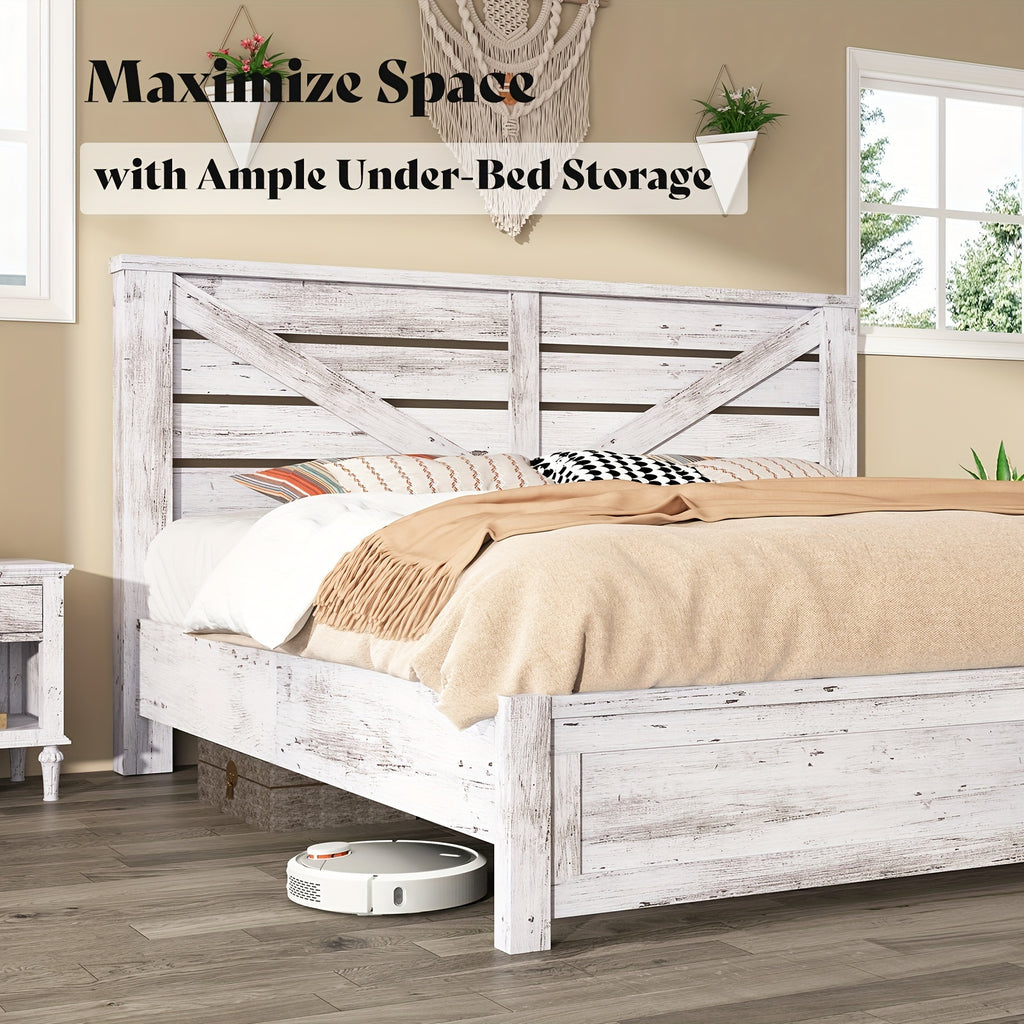 Farmhouse Bed Frame with 49.2" Barn Door Headboard, Platform Bed Frame with Wood Slat, Under Bed Storage Space, Easy Assembly, Noise-Free