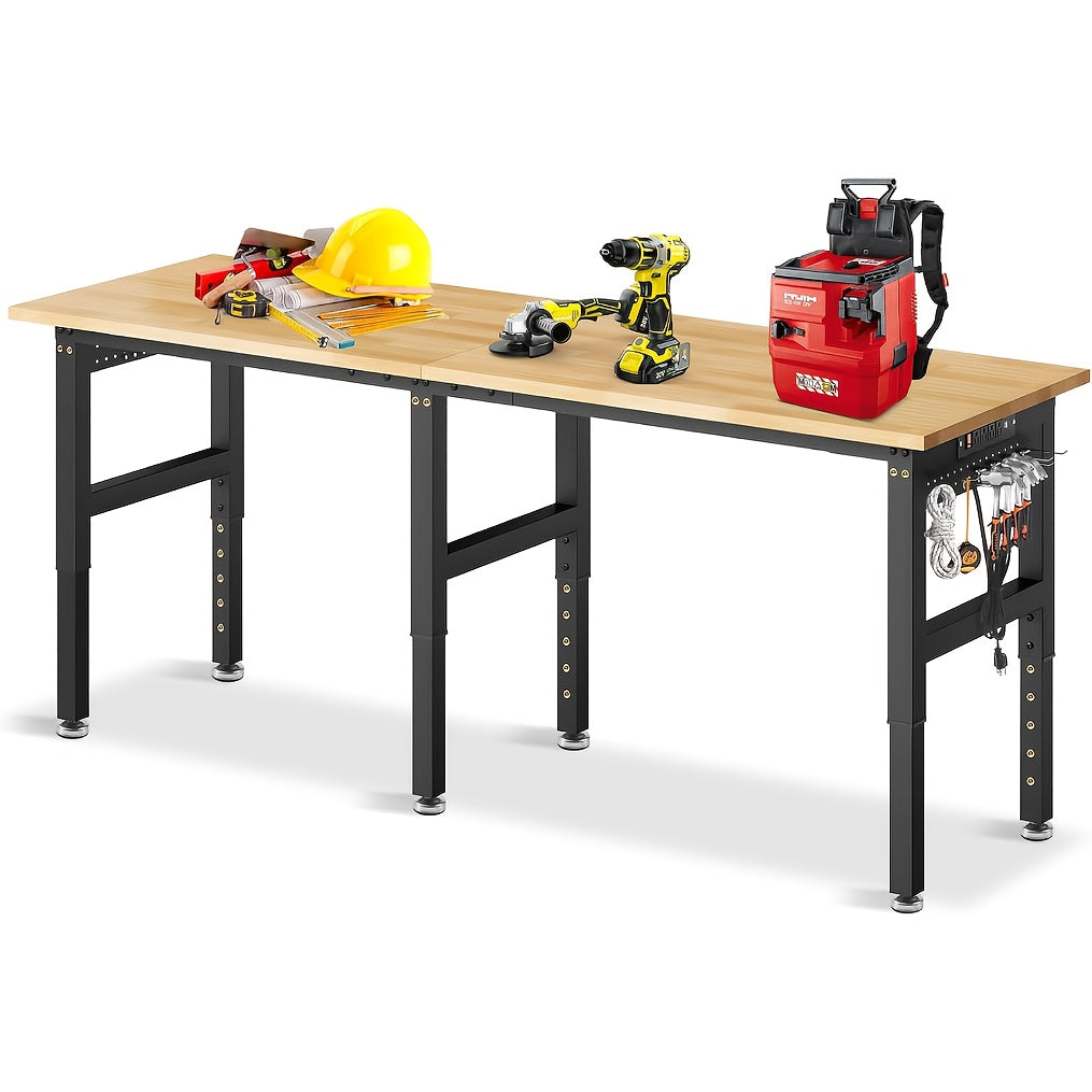 96"84"72"60"48"Adjustable Height Workbench with Power Outlet & Pegboard, 28"-40"Height Heavy Duty Solid Wood Work Table with 2000 to 5000 LBS Load Capacity for Garage, Shop, Office, Home