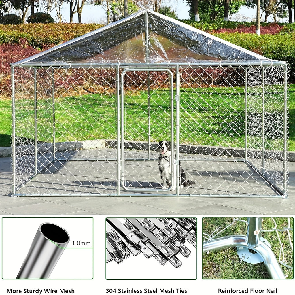 [Heavy Duty Dog Kennel] Dog Kennel Outdoor Large Dog House Outside With Canopy, Heavy Duty Dog Playpen Galvanized Anti-Rust Dog Cage For Farm Backyard Garden (118'' L X 118'' W X 83'' H)