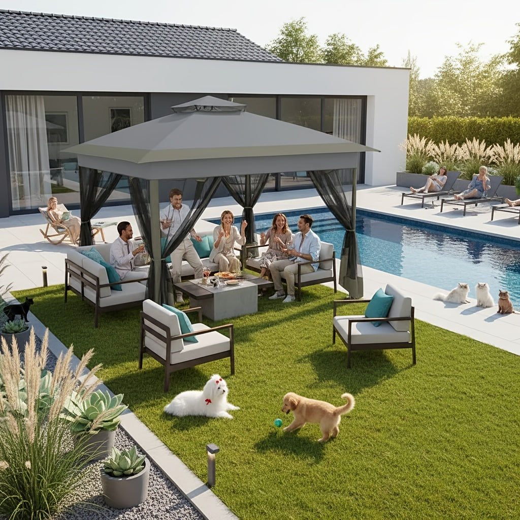 13x13ft Pop-up Gazebo Canopy Tent - Upgraded Metal Outdoor Waterproof Canopy - Portable Gazebo with Mosquito Net, 4 Ropes And 4 Sandbags, 8 Ground Pegs And Tote Bag, Suitable for Lawns, Gardens, Backyards And Patios.