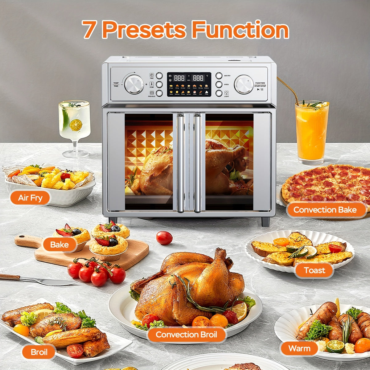 Plumchef 29.5QT Large Capacity French Double-Door Air Fryer Convection Toaster Oven - 1700W, 14 Preset Menus, 7-In-1 Multi-Function (Bake Roast Grill Toast Dehydrate Defrost), Stainless Steel, Silvery
