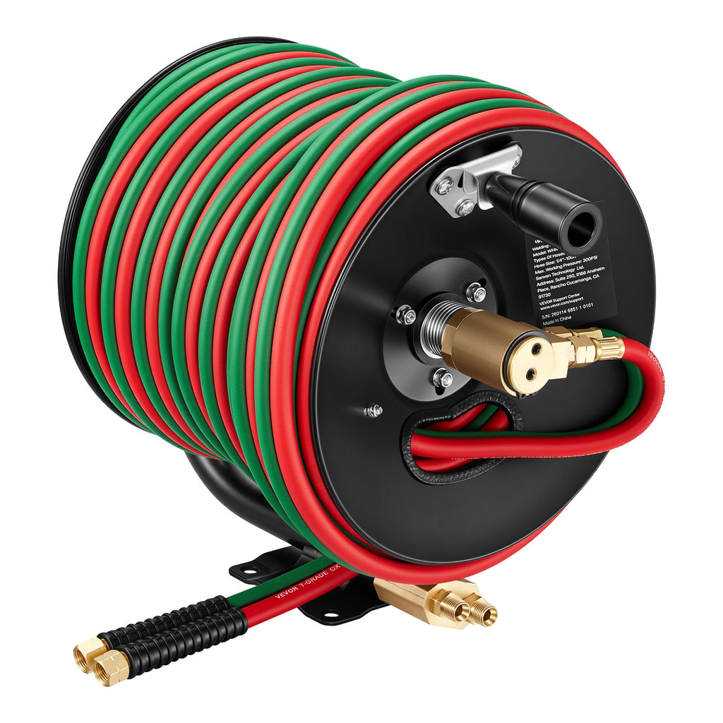 VEVOR Retractable Welding Hose Reel, Hand Crank Manual Rewind Hose Reel with 1/4 Inch x 100FT Twin Oxygen Acetylene Rubber Hose Max 300PSI - T Grade, Ceiling/Wall Mount Steel Reel for Workshop Garages