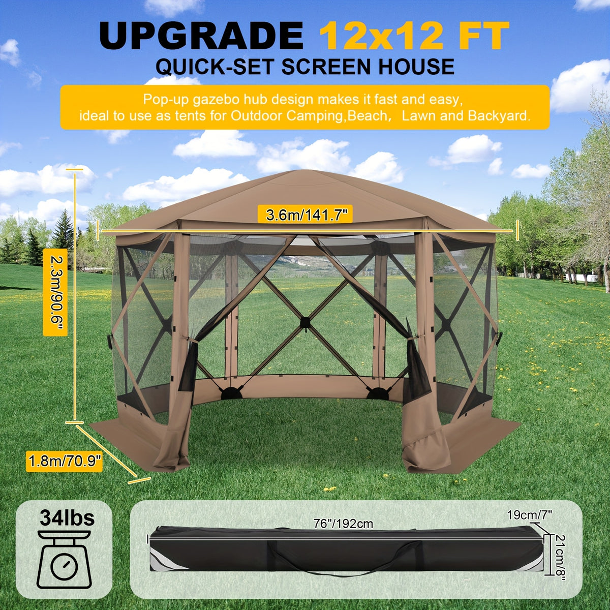 12X12Ft Pop-Up Canopy, Without Cloths, with Octagonal Mesh, One Person Can Quickly Build with a Handbag And Ground Pile, Suitable for Camping, Outdoor Activities
