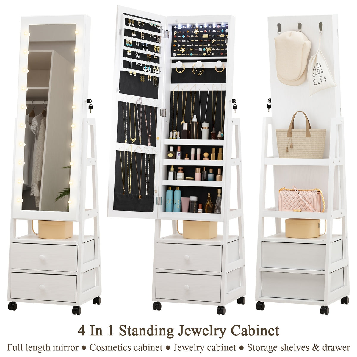 Jewelry Armoire Cabinet Organizer Standing with 20 LED Lights Lockable Full Length Mirror with Storage Shelves And 2 Drawers (White) Adjustable Tilt Angles Gift for Her, Jewelry Armoires
