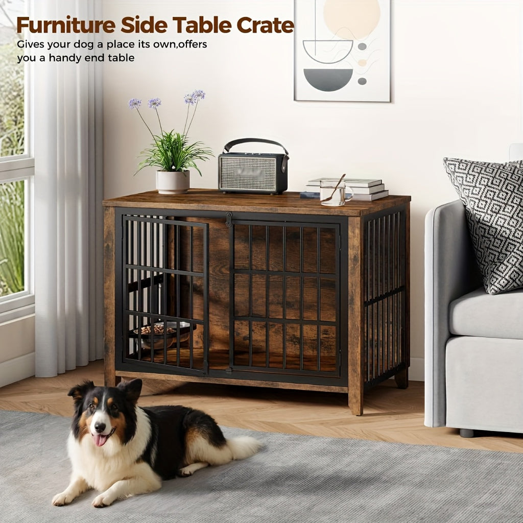 75/36/30in Furniture-Style Dog Crate with 360° Rotating Bowls, Adjustable Height, Safe Lock, Easy to Clean, Available In Gray/Brown, M, L, XL Sizes for One Or Two Dogs, Ideal for Home, Living Room Or Bedroom