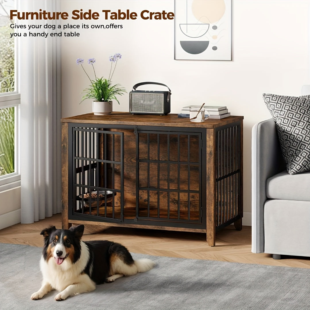75/36/30in Furniture-Style Dog Crate with 360° Rotating Bowls, Adjustable Height, Safe Lock, Easy to Clean, Available In Gray/Brown, M, L, XL Sizes for One Or Two Dogs, Ideal for Home, Living Room Or Bedroom