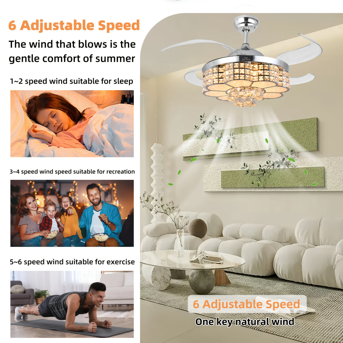 42-Inch Crystal Decoration with RGB Ceiling Fan And Light, Supports Infinite Dimming And Light Memory. with Speakers, 6 Speeds Reversible Blades, Flush Mount Chandelier Ceiling Fan Remote Control And APP Convenient Control Way
