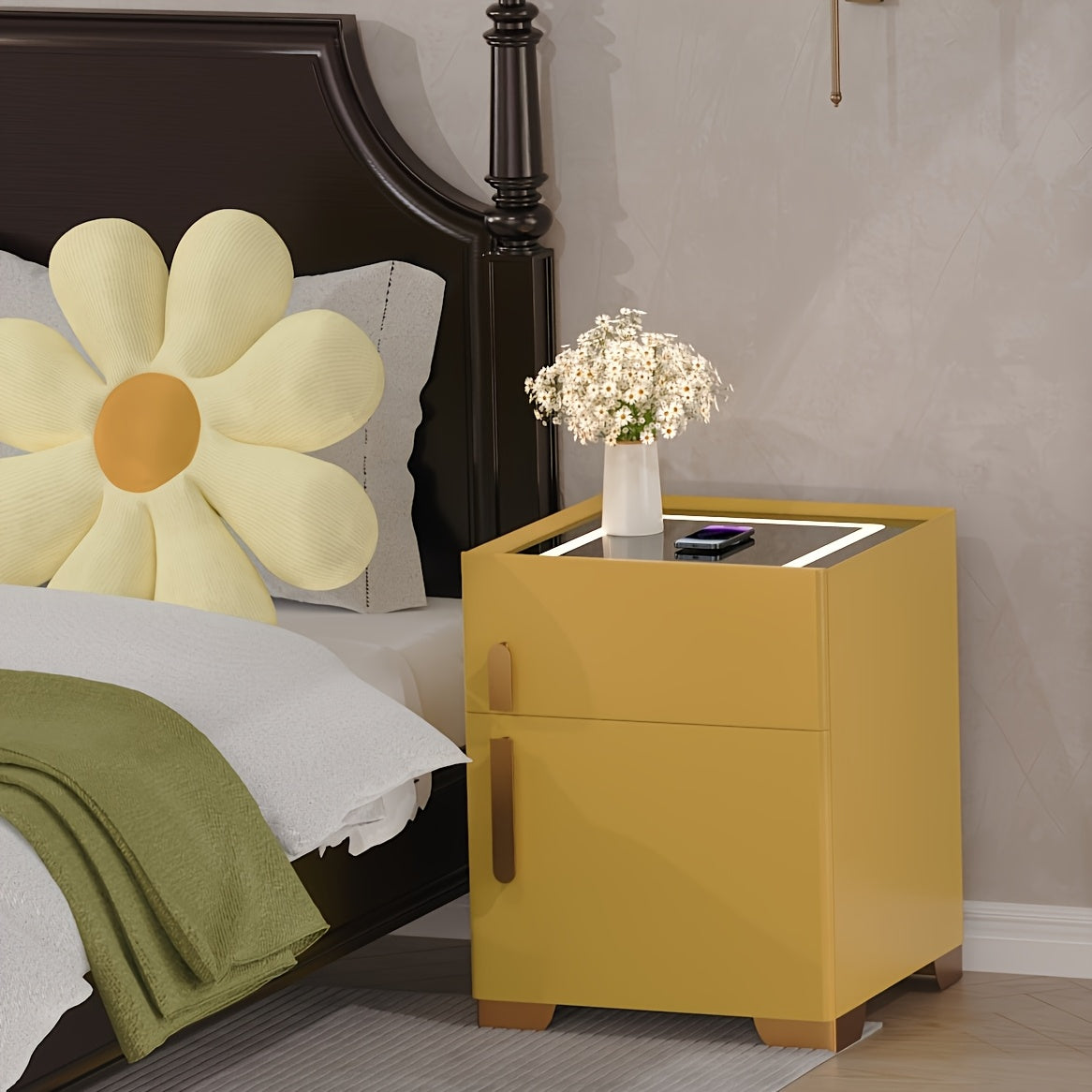 Wireless Charging Cabinet, Modern 4-in-1 Bedside Table with LED Three-Color Light and Drawers