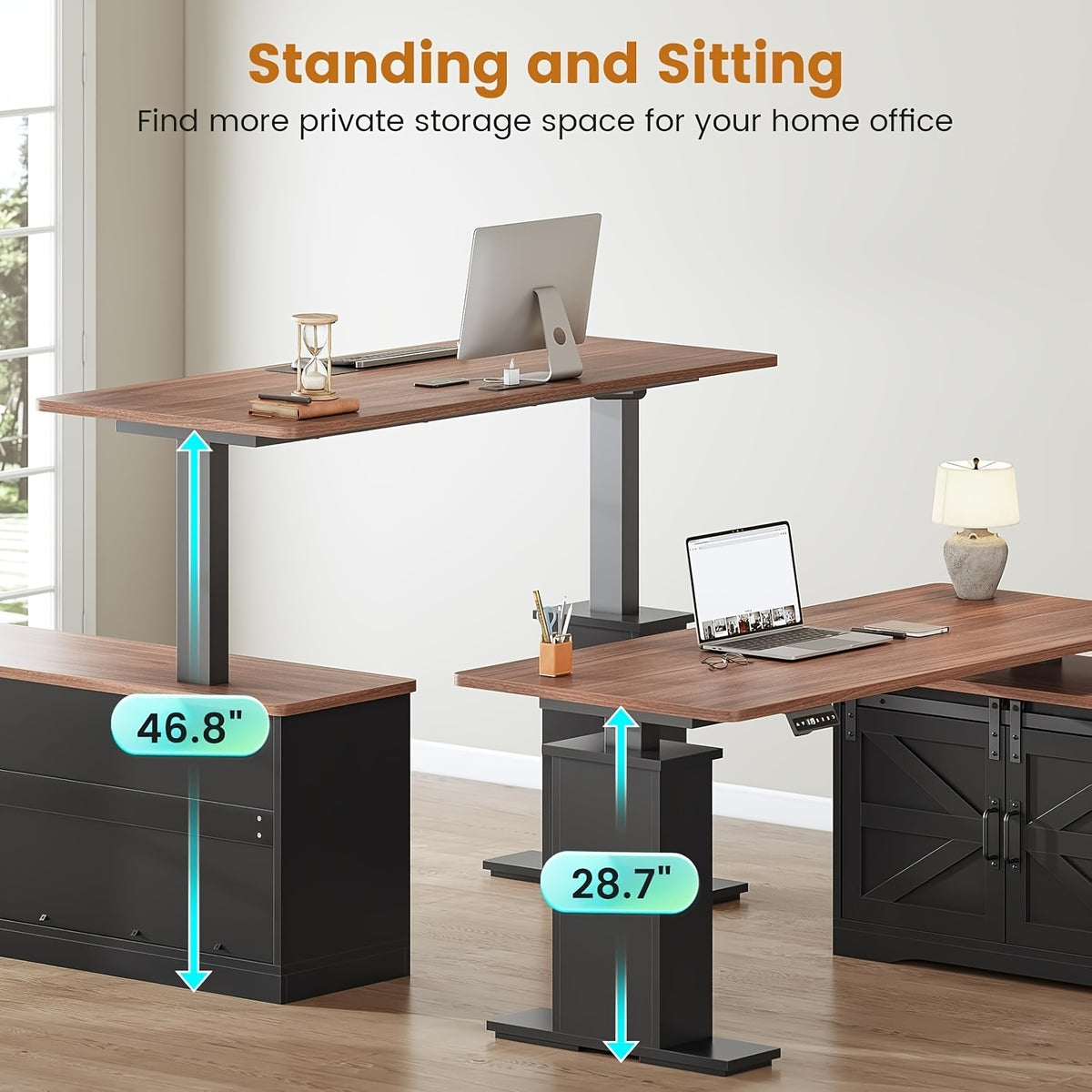 Farmhouse L-Shaped Standing Desk, 55" Computer Desk with 2 Storage Drawers, Height Adjustable Office Desk for Home Office