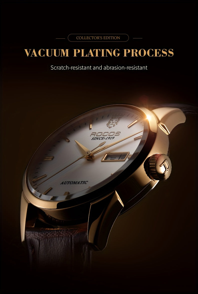 ROCOS Men's Watches High-end Business Watch for Men Automatic Mechanical Watch Classic Big Three Hands Golden Case Calfskin Strap Double Push Butterfly Buckle Calendar Day Of The Week Gift for Boyfriend