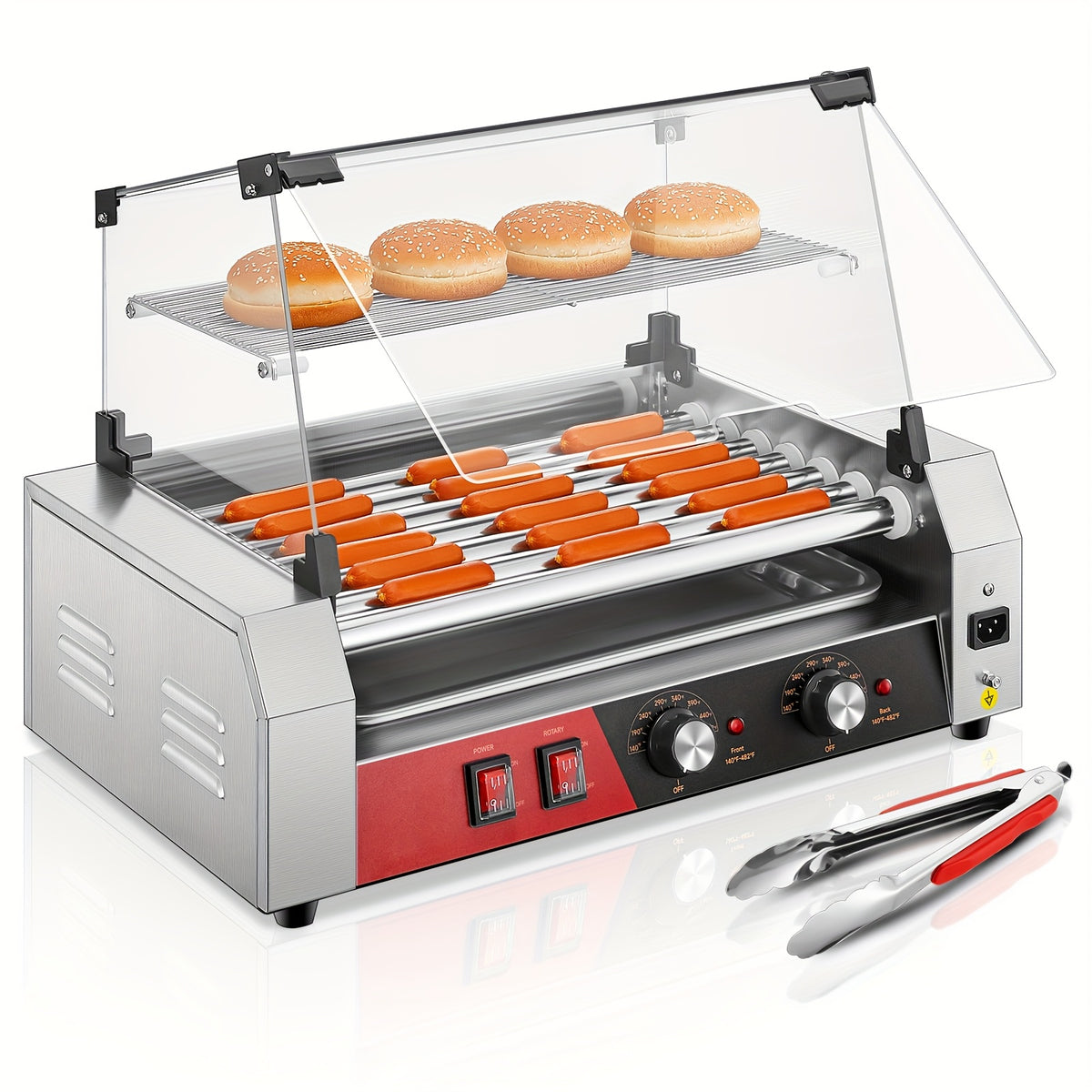 7 Rollers Hot Dog Roller, 19-24 Hot Dogs Capacity, Stainless Steel Hot Dog Machine with Bun Warmer Shelf, Dual Temp Control, Glass Cover, Removable Tray for Commercial And Party (1050W)