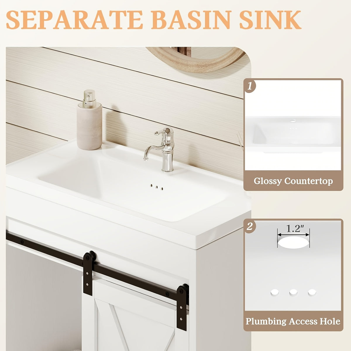 [Farmhouse Vanity With Sink] 31-Inch Farmhouse Style Bathroom Vanity With Ceramic Sink, Wall-Mounted Bathroom Sink Cabinet, With 2 Drawers And Sliding Barn Door, Modern Bathroom Vanity, With Metal Handles, Brown/Gray/Gray-White/White