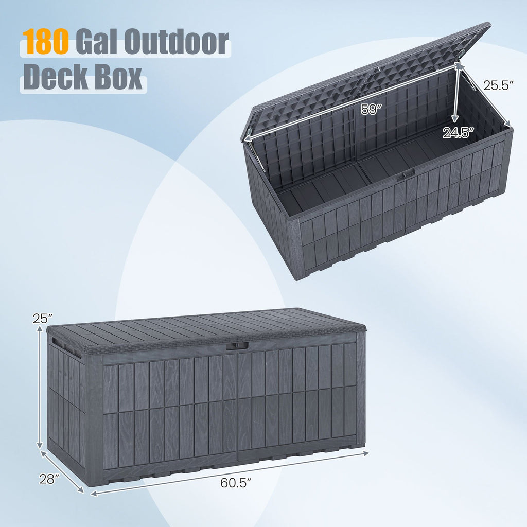 180 Gallon Wicker Deck Box, Weatherproof Lockable Storage Bench with Faux Wood Grain for Patio Cushions Garden Pool Supplies, Box, Cabinet, Rack for Outdoor Storage