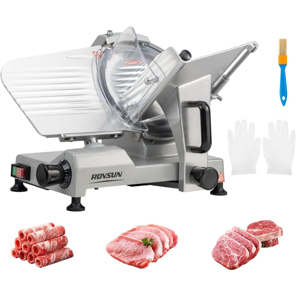 MEFEIR 8.7inch Commercial Meat Slicer, Electric Deli Food Slicer with Premium Chromium-plated Steel Blade, 0-12mm Adjustable Thickness, ETL Certified for Frozen Meat Ham Baguett Steak, Silver
