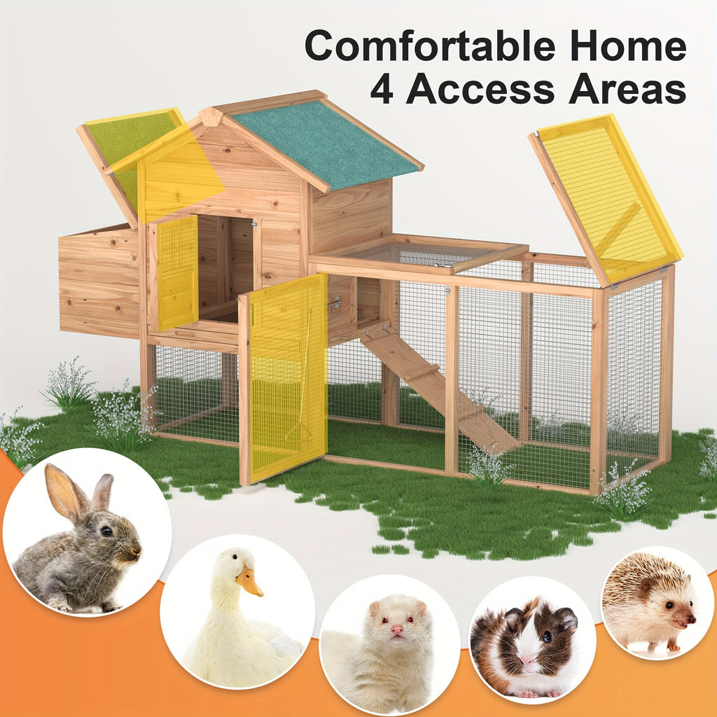 Outdoor Wooden Rabbit Hutch And Chicken Coop Featuring a Run, Egg Box, And a Roof, Without Battery